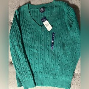 New with tag. VINTAGE, 1995, V NECK CABLE KNIT GREEN SWEATER. WOMENS SIZE XL